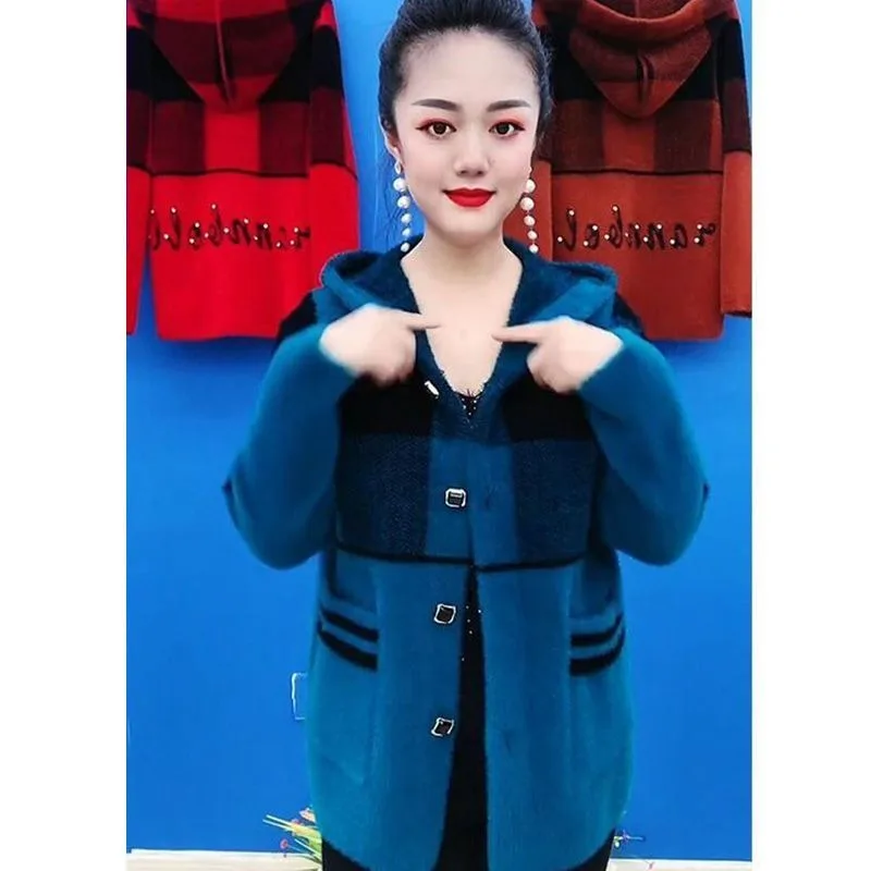 2023 New Imitation Mink Down Cropped Coat Women Autumn Winter Hooded Thickened Fashion Knitted Cardigan Jacket