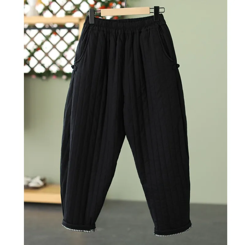 Thiened Cotton Autumn Winter Pants for Women Vintage Button Harlan Trousers plus Size Warm Long Pants High Waist Lantern Pants
