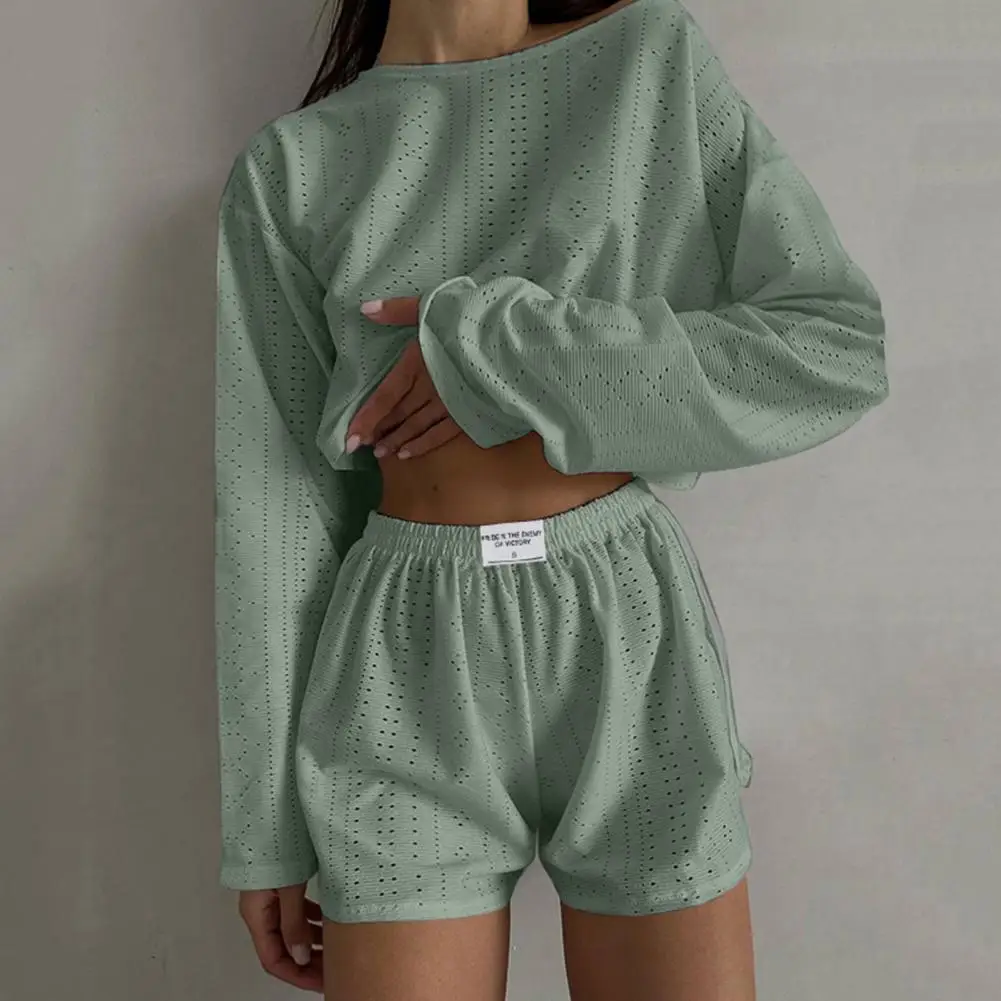 

Women's Pajamas with Shorts Summer Hollow Out Long Sleeve Tops Sleepwear Suit Ladies Soft and Comfortable Pyjamas Set Home Wear