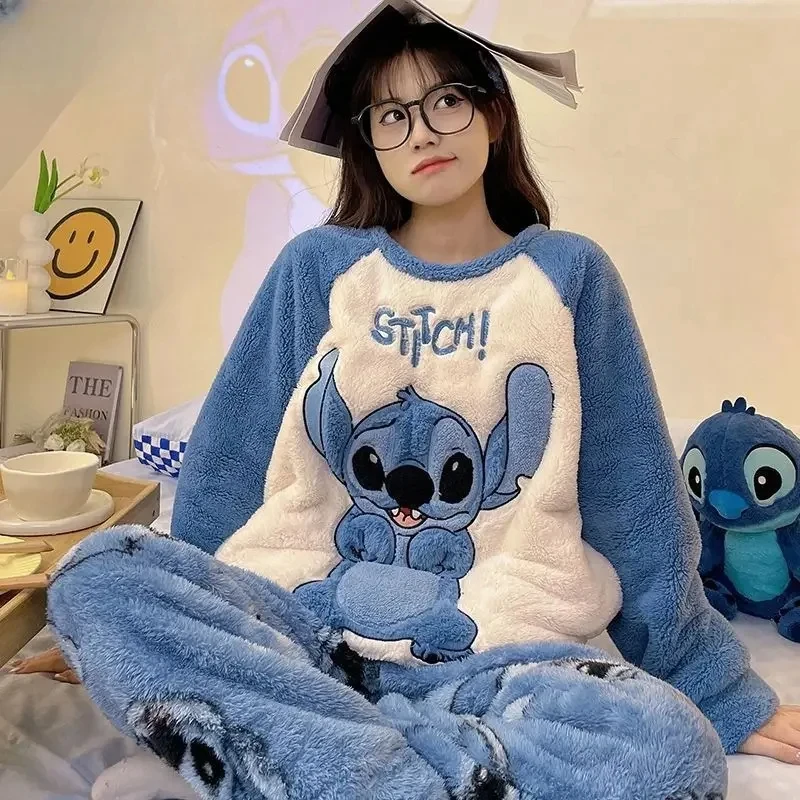 

Kawaii MINISO Flannel Pajamas Anime Stitch Kuromi Girl Autumn and Winter Thicken Plus Velvet Cartoon Comfortable Tracksuit Suit