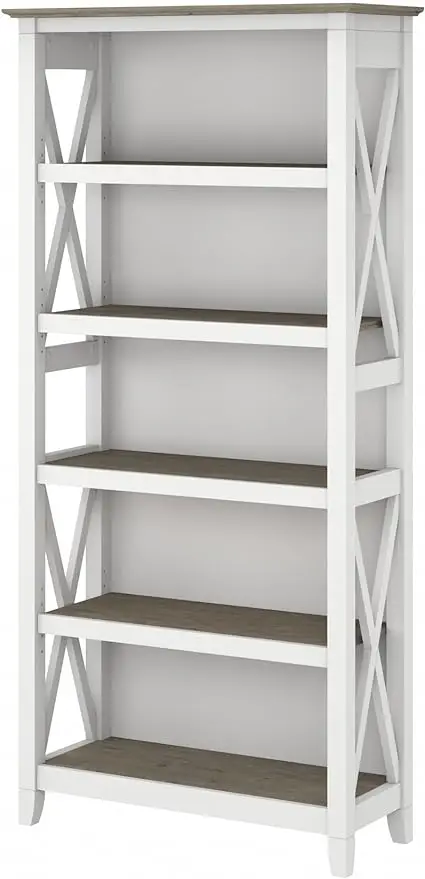 

Bush Furniture BSH24470221 Key West 5-Shelf 66-Inch H Bookcase, Shiplap Gray/Pure White