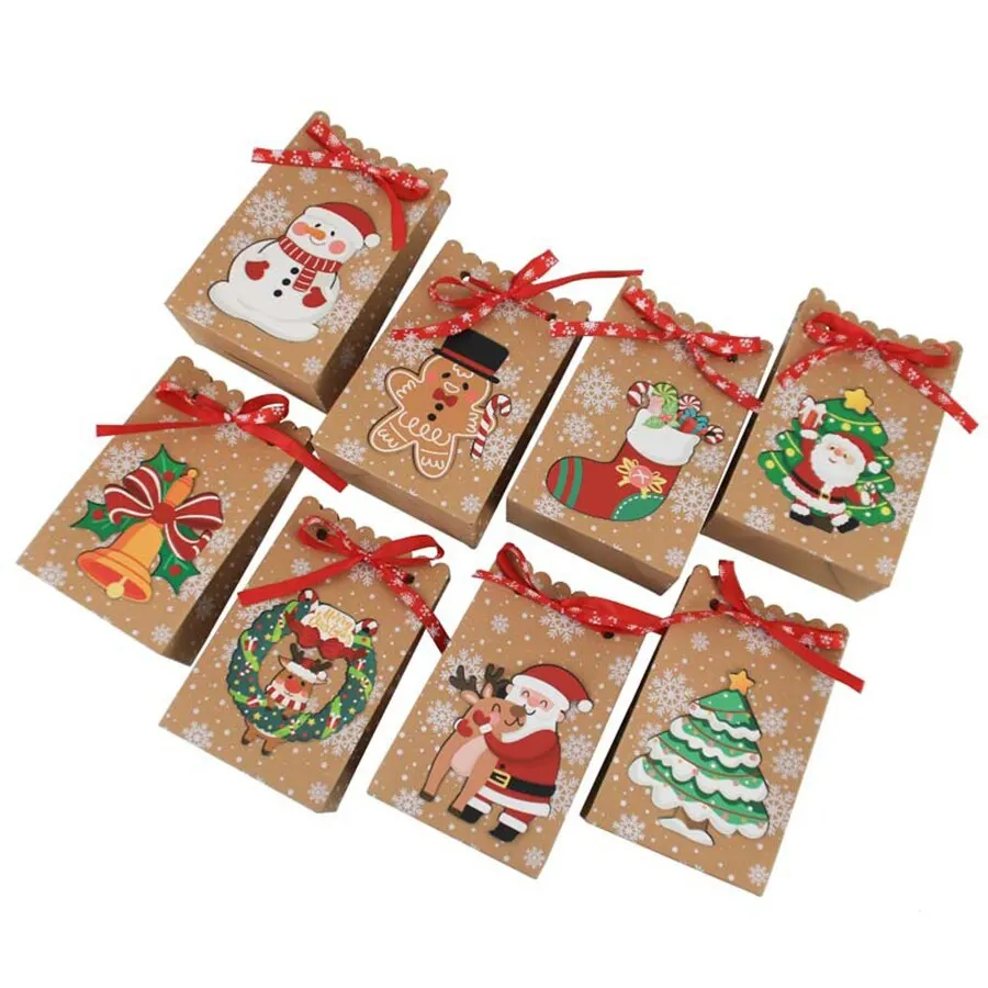 56 Bolsitas De Papel Kraft Para Regalos Navideños - 4 Diseños Diferentes, Tamaño 13x18 Cm, Con Pegatinas Para Cerrar