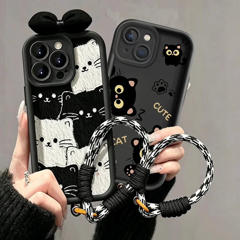 Chic Black Cat Lanyard Case with Bow