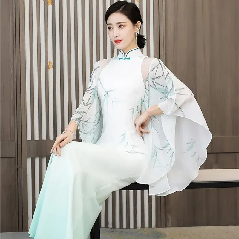 

Ao Dai Vintage Hanfu Slim Long Qipao Spring China Dress Banquet Clothing Traditional Elegant Women Green Chinese Style Cheongsam
