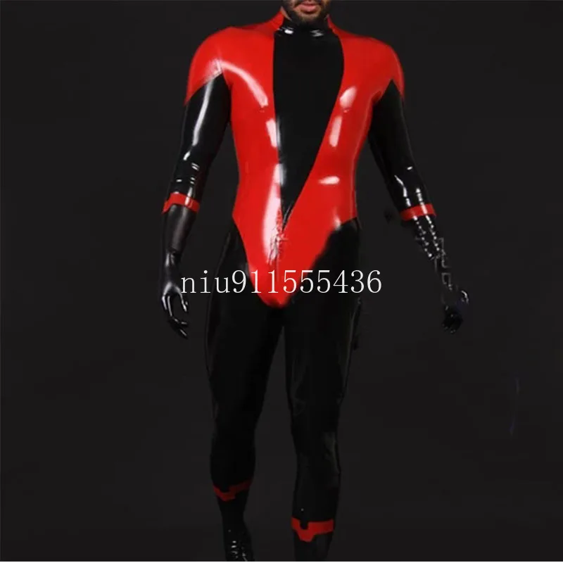 

100% Latex Rubber Men Racing Suit Handsome Bodysuit Red and Black Catsuit with Back Zipper Gloves Size XXS-XXL