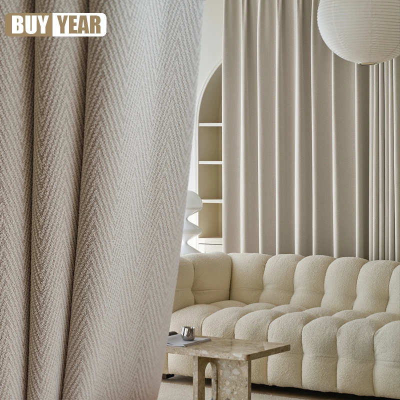 

Custom European Jacquard Blackout Curtains for Living Dining room Bedroom Two-color Pattern Chenille Herringbone White Tulle