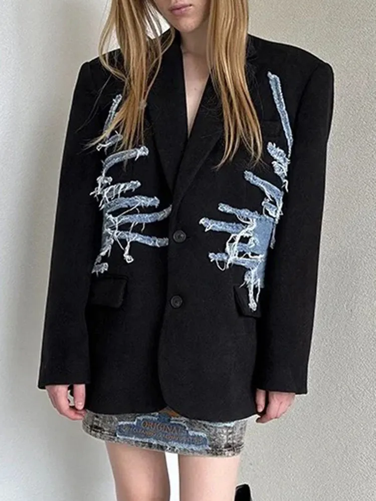 TWOTWINSTYLE Colorblock Spliced Denim Blazers For Women Notched Collar Long Sleeve Patchwork Button Chic Blazer Female Clothing