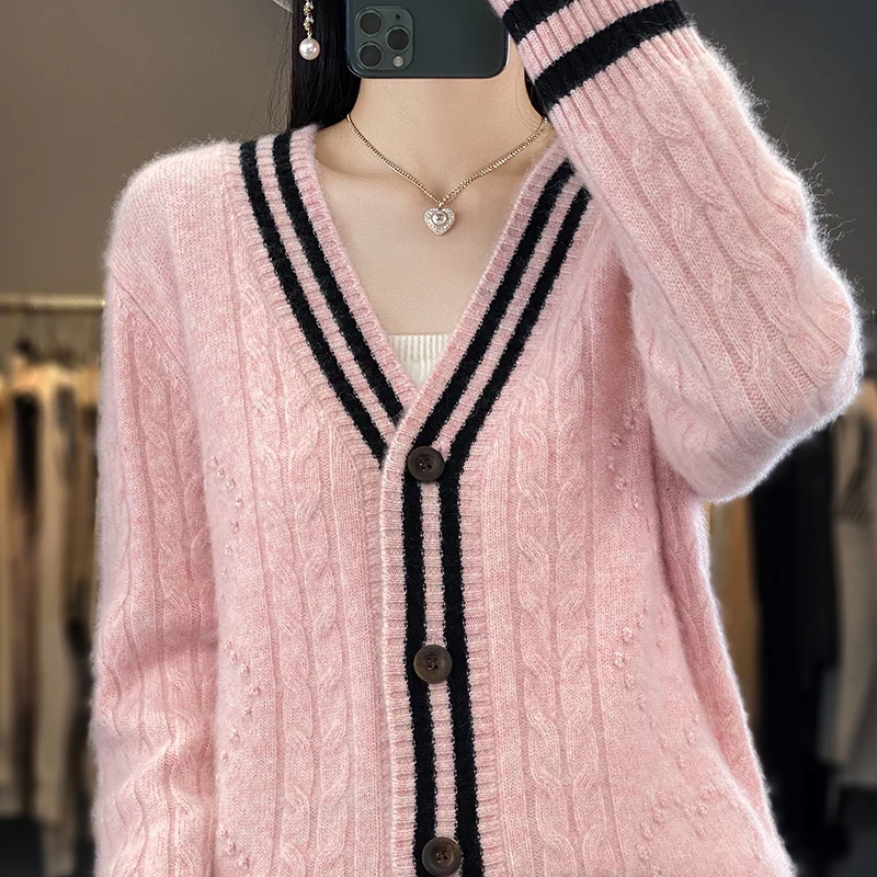 

100% Merino Wool Cardigan Womens Fall Winter 2023 New Knitted Long Sleeve Sweater Overcoat Loose Thick Fashion Wool Top