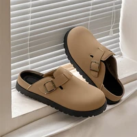 Retro Brown Half Shoes For Man Slip-on Shoes Buckle Design Leather Casual Shoes Men Comfortable Men's Loafers chaussures homme