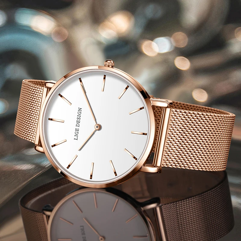 LIGE New Women Bracelet Watch Waterproof Quartz Movement Simple Rose Gold Stainless Steel Mesh Student Watches Relogio Feminino