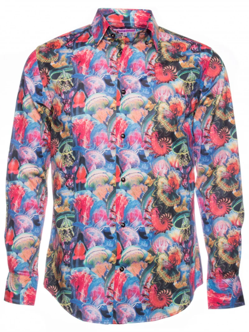 thumbnail image 1 of Camisas de verano a la moda con medusas para hombre, camisas hawaianas con estampado 3D, cómodas, informales, con botones, camisas de playa de manga larga de gran tamaño, 1 of 4