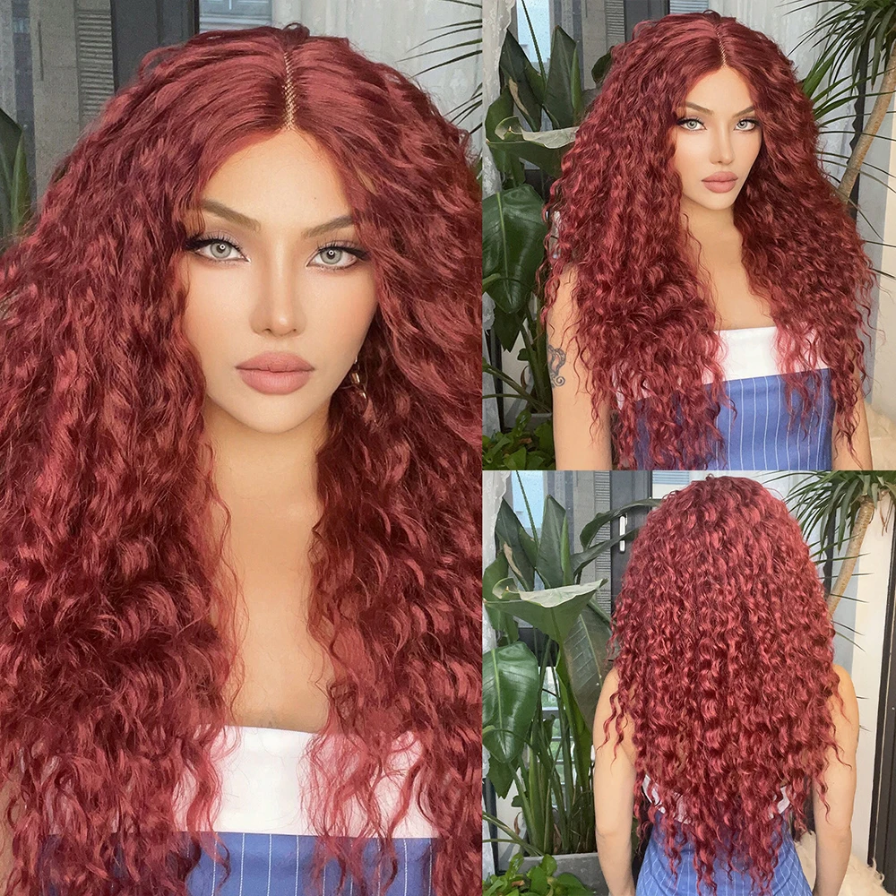 

Wig set with black small curly lace, red center split small T front lace, full head set with long curly hair