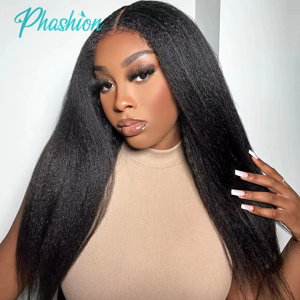 Phashion 26 28 Inch Kinky Straight 2x6 Deep Parting Kim K Lace Closure 13x6 Lace Frontal Only Human Hair Transparent Remy Hair 6