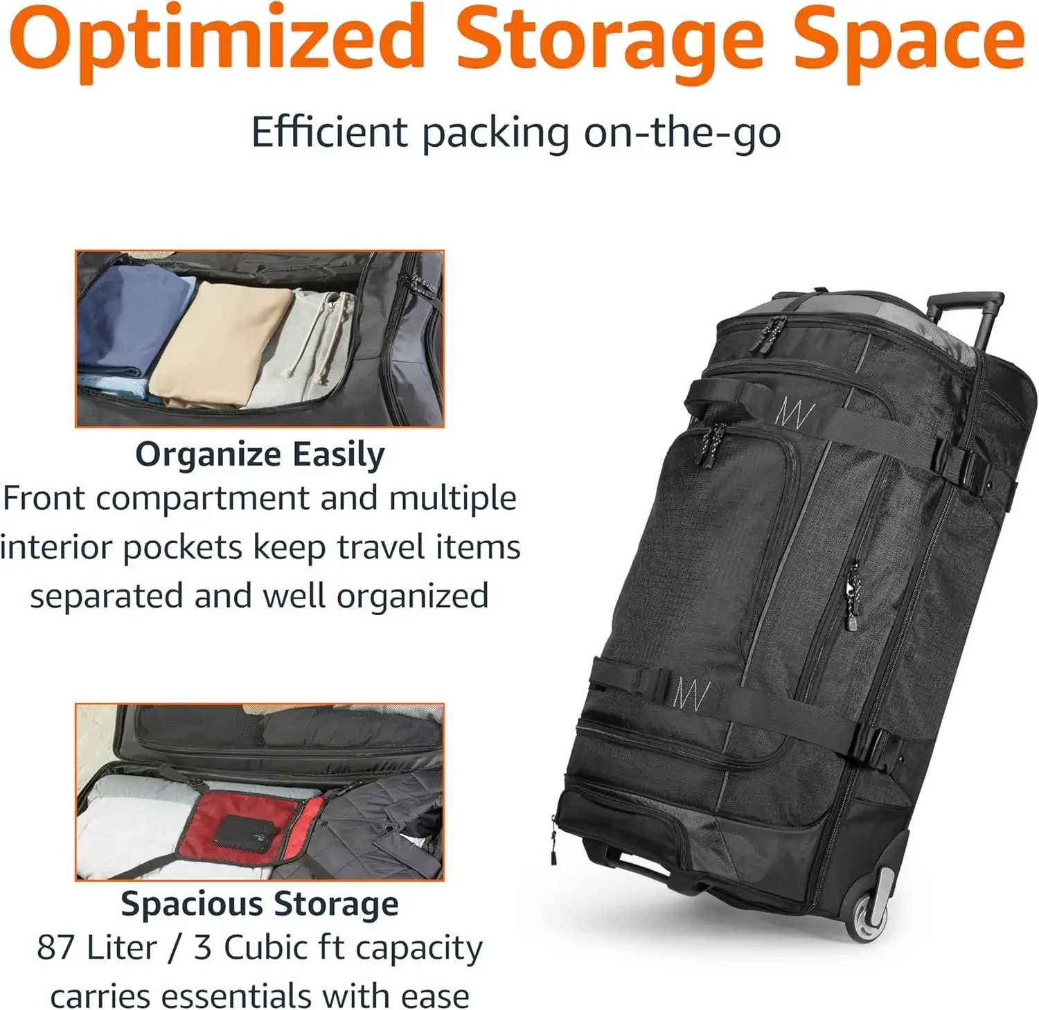 Rolling Duffel Bag with Wheels, Ripstop Luggage for Traveling, Telescoping Handle