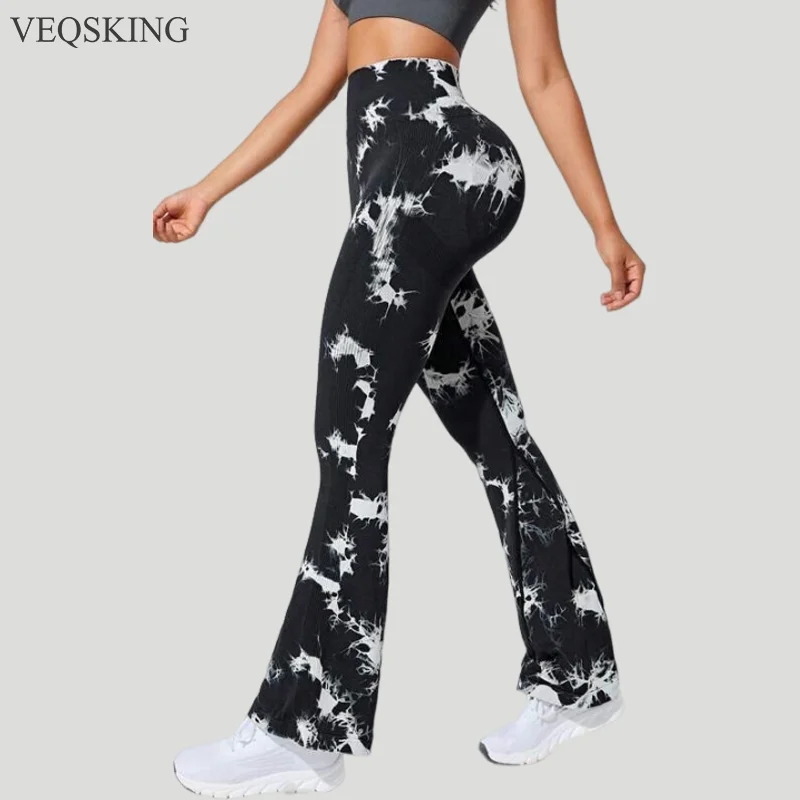 

VEQSKING Seamless Peach Hip Women Tie Dyed Flare Pants High Waist Yoga Leggings Pants Sports Tight Gym Workout Trousers