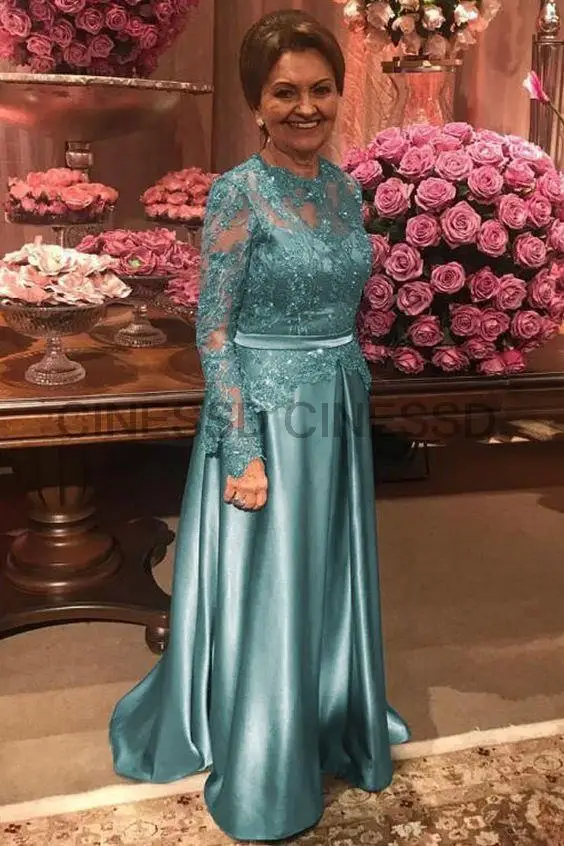 

Long Mother of the Bride Dresses 2022 Satin Lace Full Sleeves O Neck A Line Sash Formal Evening Mom vestidos de Madrinha Farsali