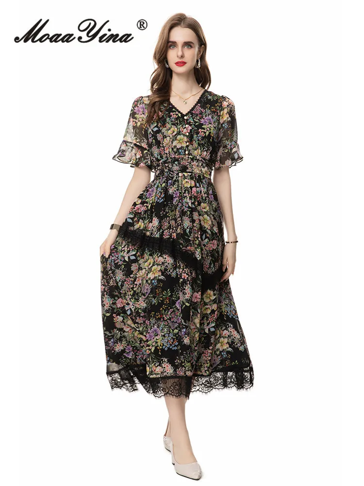 

MoaaYina Summer High Quality New Arrivals Women Dress Vintage Small Floral Print Cutout Lace Trim Hem V-Neck Mid-Calf Dresses