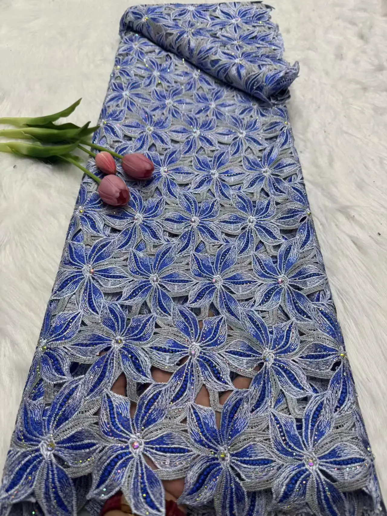 Guipure lace fabric 2026 Nigerian Stones Lace Fabric Heavy Hand Beaded Luxury French Embroidery for Wedding Latest Style