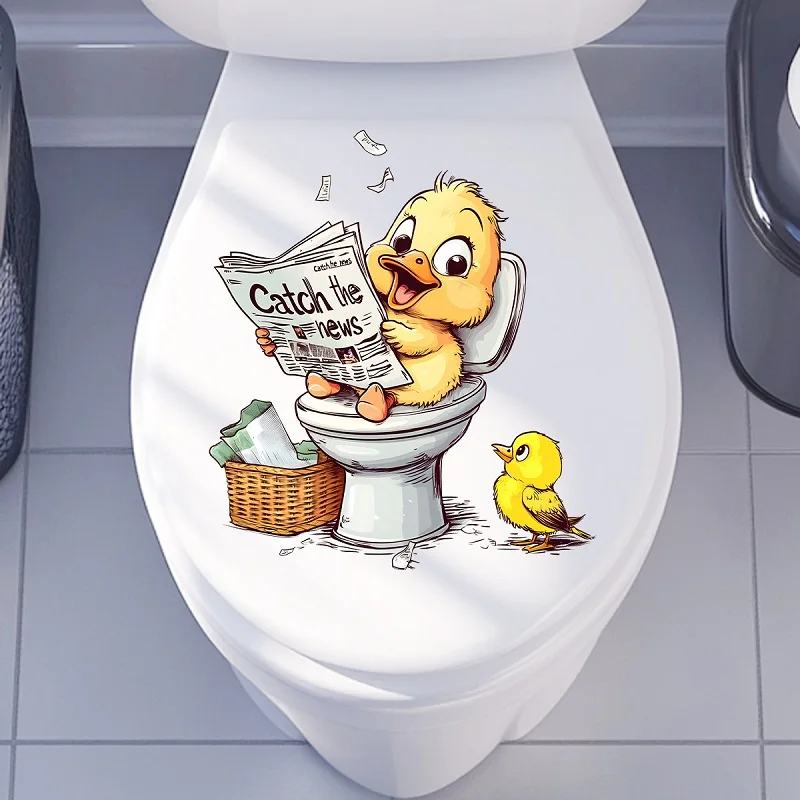 Funny Little Yellow Duck Reading Newspaper Toilet Sticker Seat Cover Self-adhesive Toilet Tank Bathroom Stickers