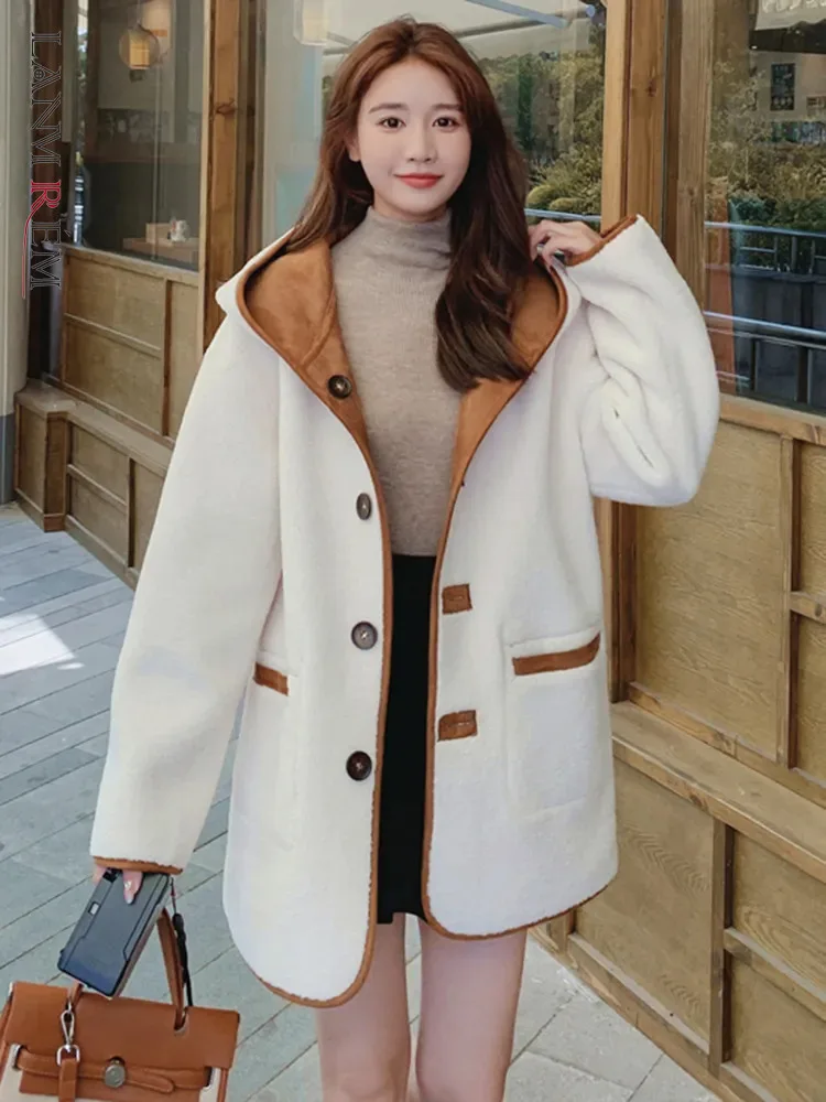 

LANMREM Fashion Lamb Fur Jackets Women Contrast Color Hooded Pockets Single Breasted Loose Coat Vintage 2023 Winter New 2AA3226