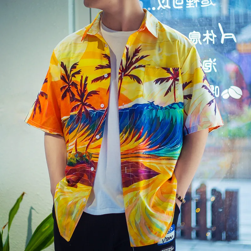 

Boys Fashion Floral Print Hawaiian Shirt Men Button Up Palm Tree Holiday Beachwear Short Sleeve Shirt Top Male Plus Size Xxxl