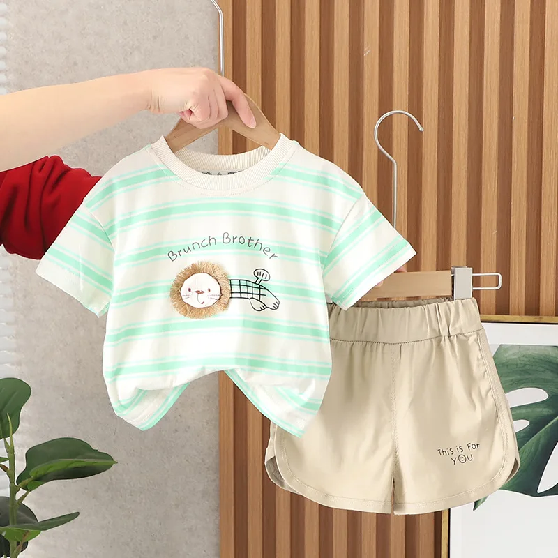 

2023 Summer Clothes for Baby Boy Cartoon Striped Short Sleeve T-shirts Tops and Shorts Toddler Outfits Kids Bebes Jogging Suits
