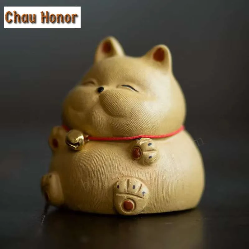 Boutique Purple Clay Tea Pet Lucky Bellcat Figurine Sculpture Ornaments Handmade Crafts Chinese Tea Set Art Decoration Gifts