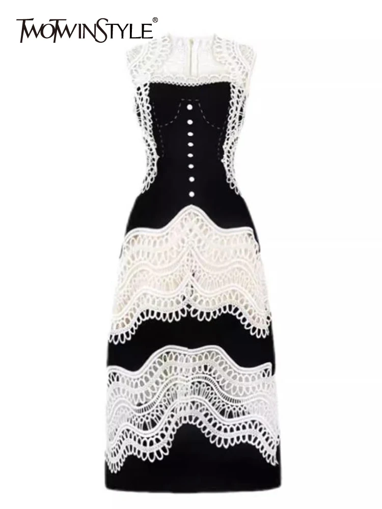 

TWOTWINSTYLE Colorblock Slim Lace Dresses For Women Slash Neck Sleeveless High Waist Casual A Line Midi Dress Female Summer 2023