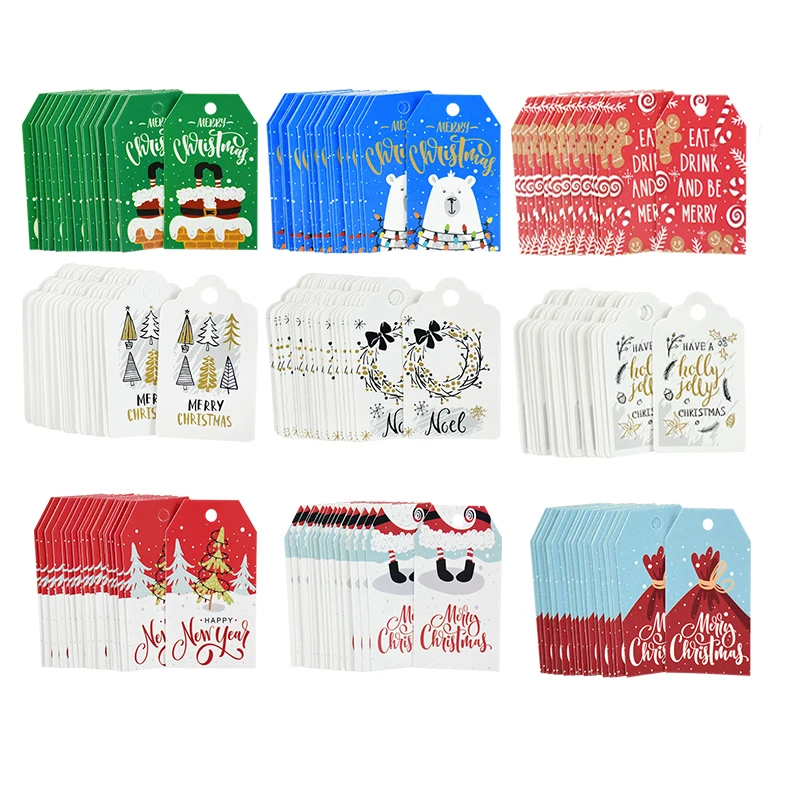 

100pcs/Lot Merry Christmas Paper Tags Santa Bear Snowflake Xmas Tree Cute Printed Gift Labels Baking Packing Decor Navidad Gifts