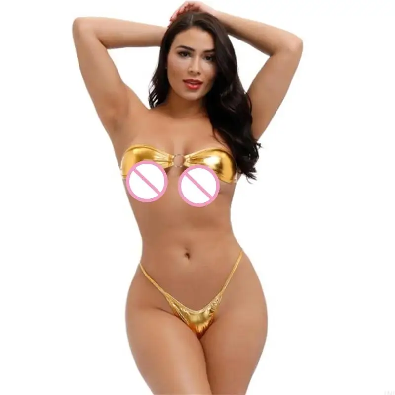49MF Micro Set for Women Strapless Bra Mini Thong Shiny Sexy 3-Point Lingerie