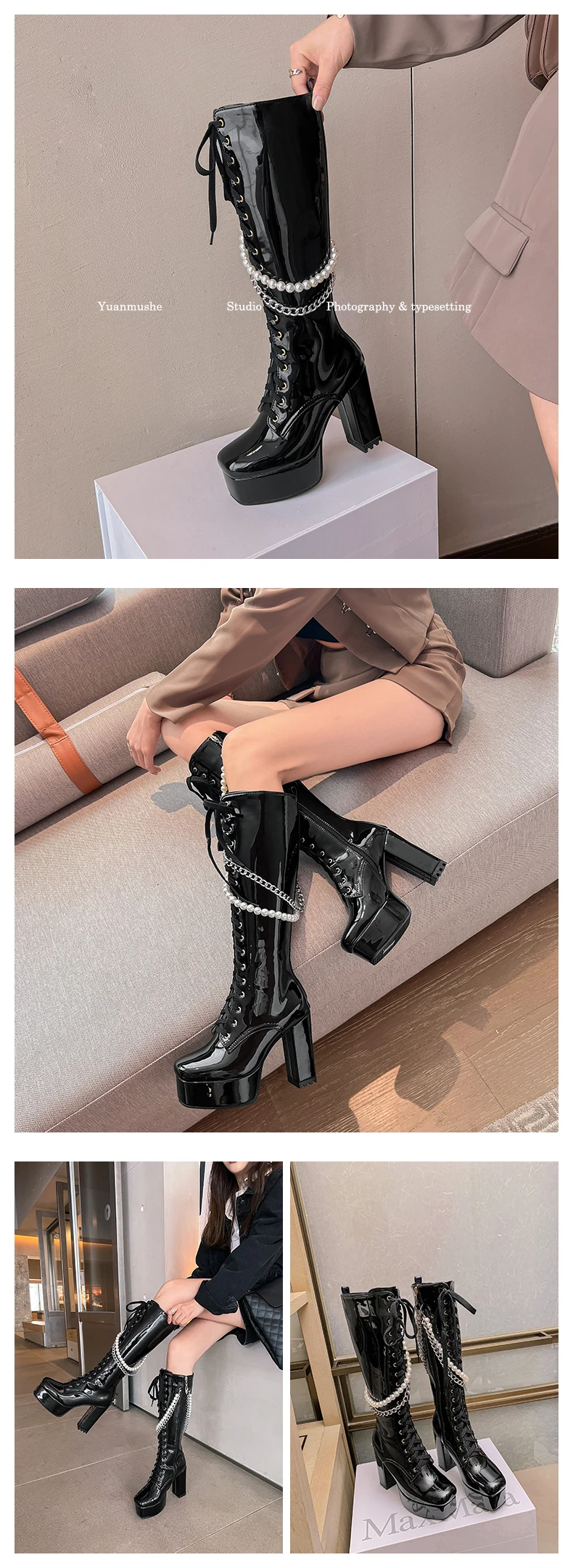 Shiny Patent Leather Super Platform Chunky Heel Metal Chain Pearl String Motorcycle Boots Cross Lace Up Side Zip Punk Knee Boots