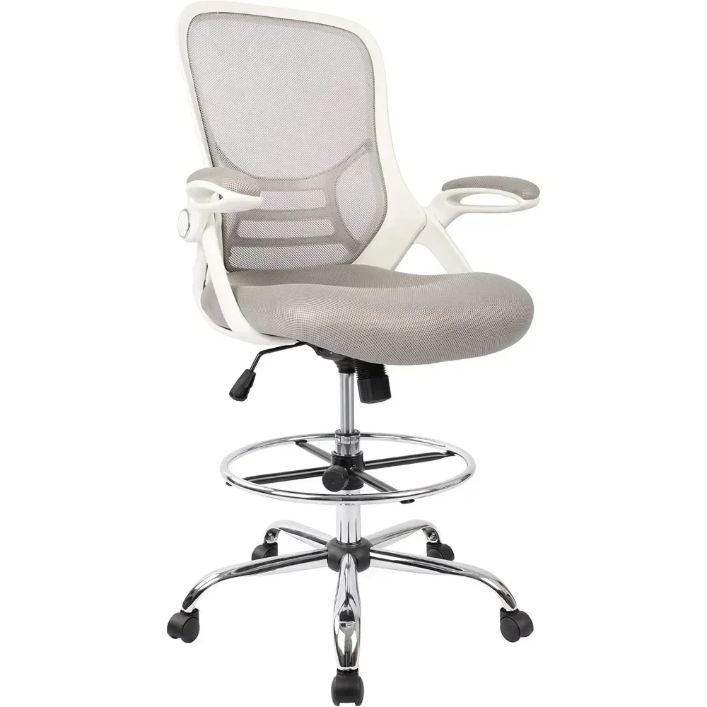 "ergonomic high-back drafting chair with adjustable footrest, flip-up armrests, and mesh back for standing desks"