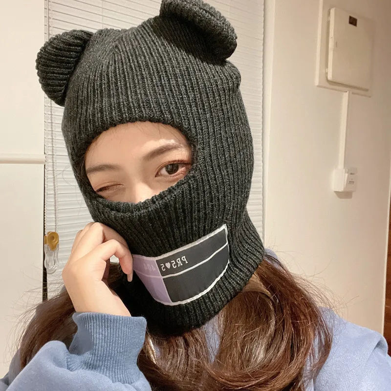 Cute Full Face Cover Ski Mask Hat with Bear Ear Balaclava Knitted Hats