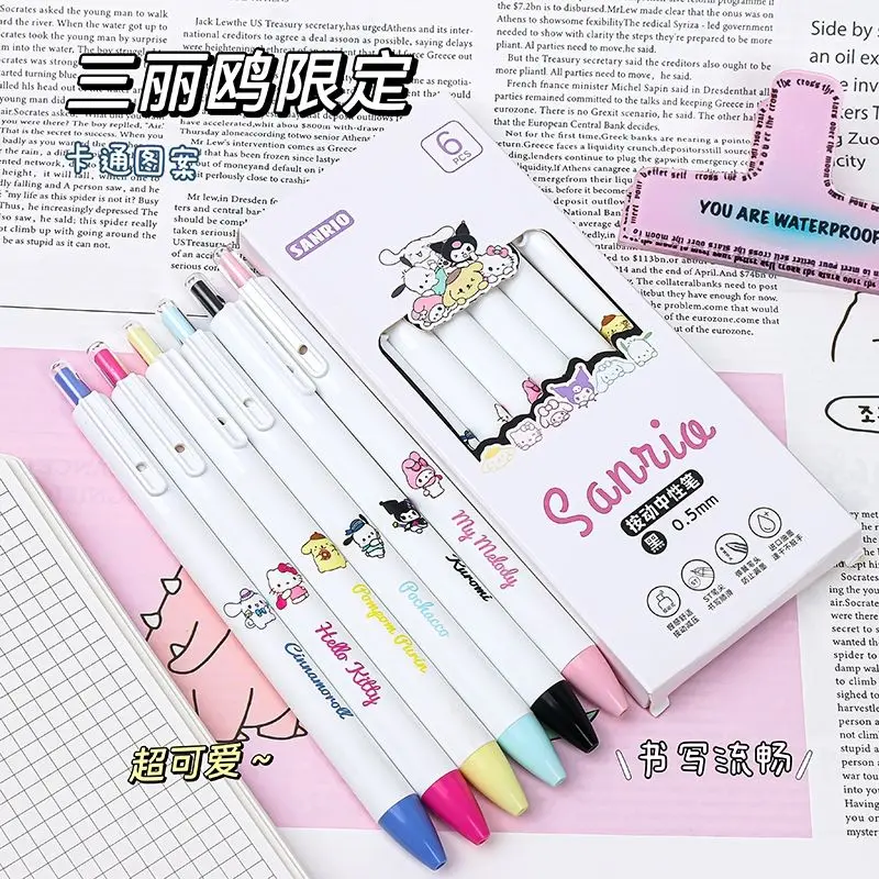 

6Pcs Kawaii Sanrio Hello Kitty Cinnamoroll Anime Press Pen Cute Kuromi My Melody 0.5 Students Exam Black Pencil Gifts for Kids