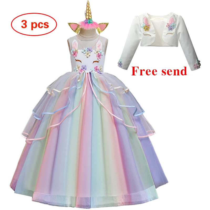 Flower Girl Unicorn Rainbow Wedding Party Dress Baby Girl 3-12 Years Birthday Unicorn Colorful Dance Performance Dress Set girls dress,kids clothes,children dance suit