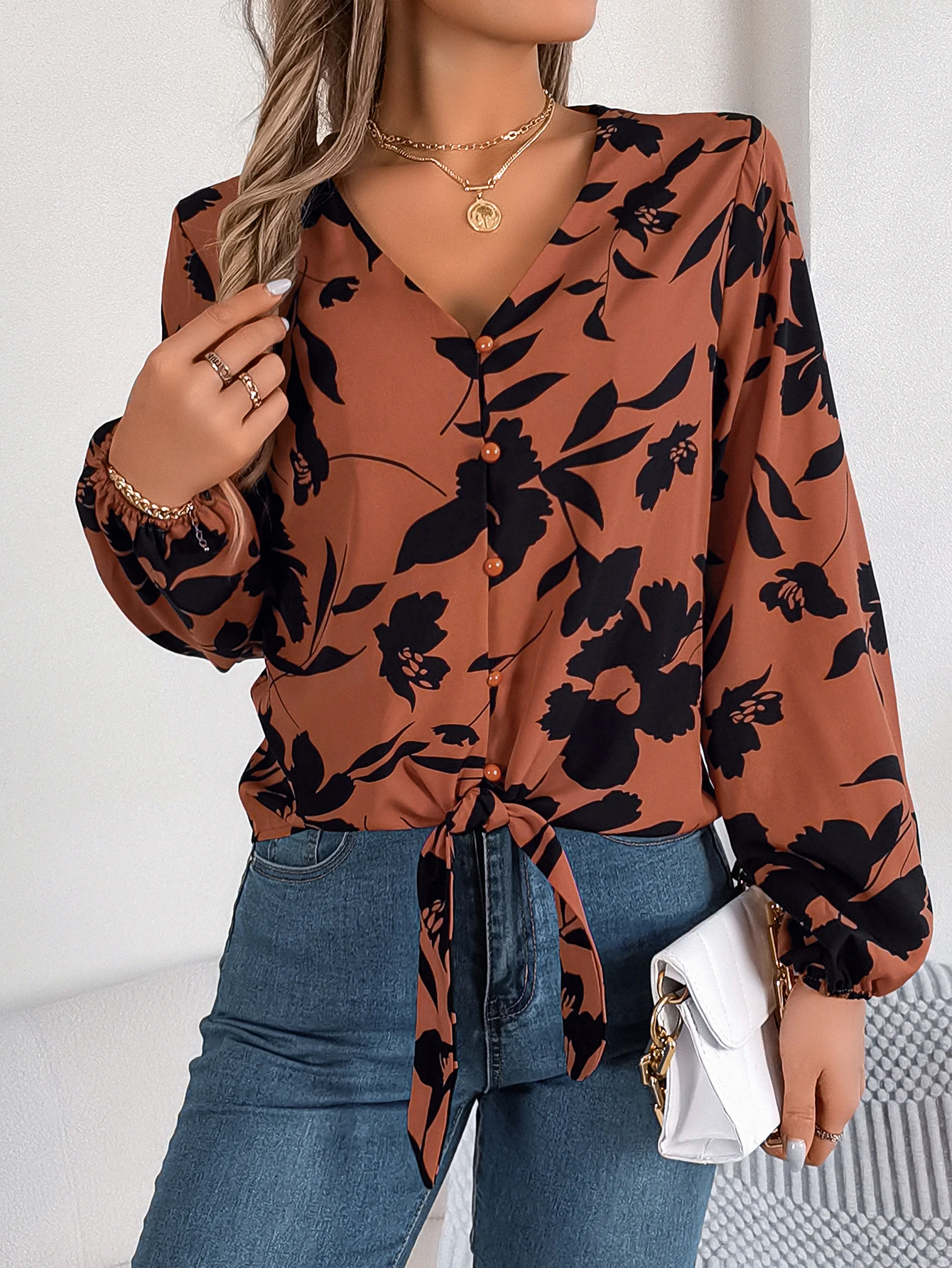 Women Elegant Chiffon Blouse Long Sleeve Lace Office Top