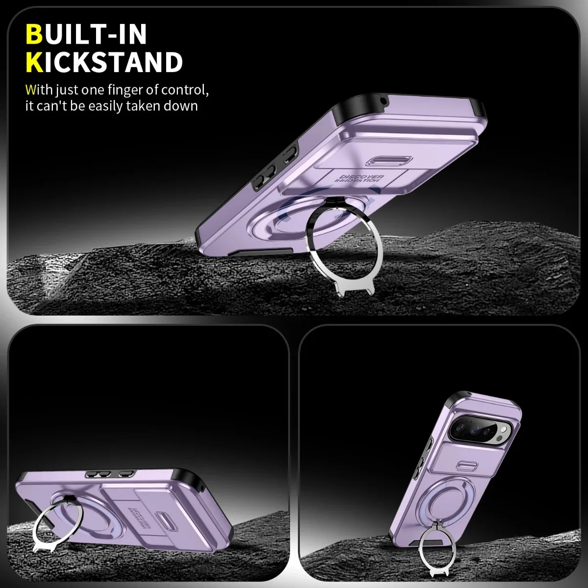 Luxury Shockproof Armor Phone Case with Rotating Ring and Push Window Protection Cover