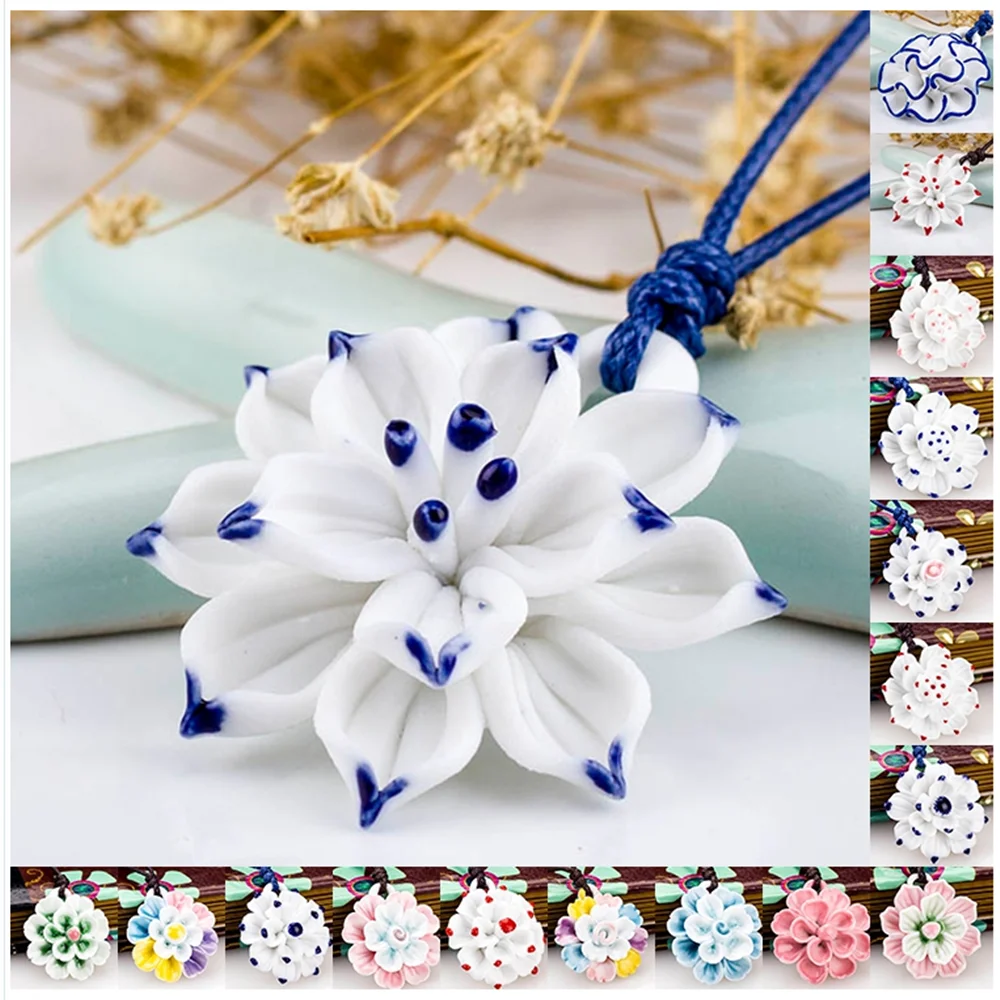 Jingdezhen Ceramic Pendant National Wind Necklace Blue and White Porcelain Bauhinia Lotus Hand-kneaded Sweater Chain