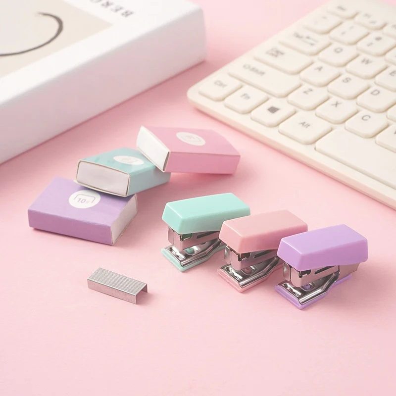 Push Stapler Mini Stapler Set Hand Stapler Cute Morandi Stapler with 500pcs 10# Staples