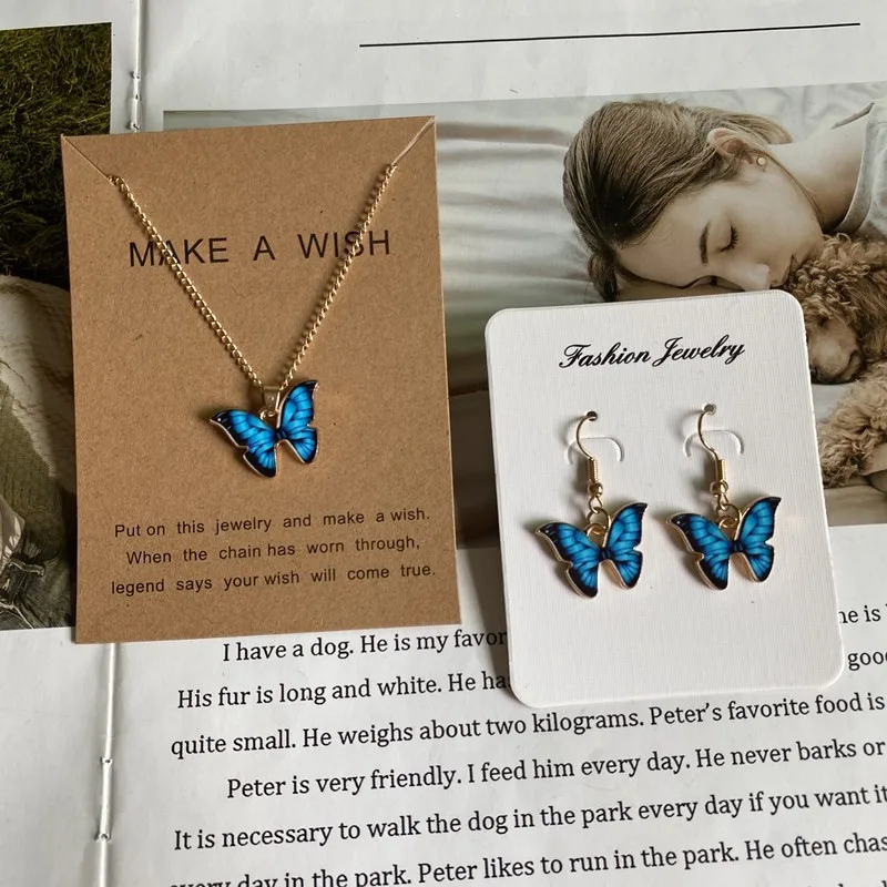 Jewelry Sets Cute Fashion Butterfly Necklace Earrings Set Blue Purple Orange Color Pendant for Women