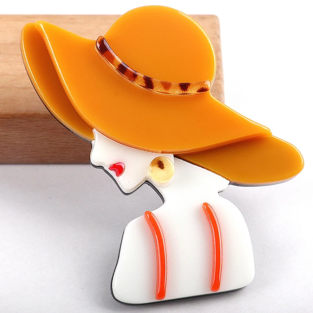 

New Acrylic Elegant Wear Orange Hat Lady Brooch Pin Fashion Modern Girl Figure Brooches Badges Pin for Women Jewelry Accessories