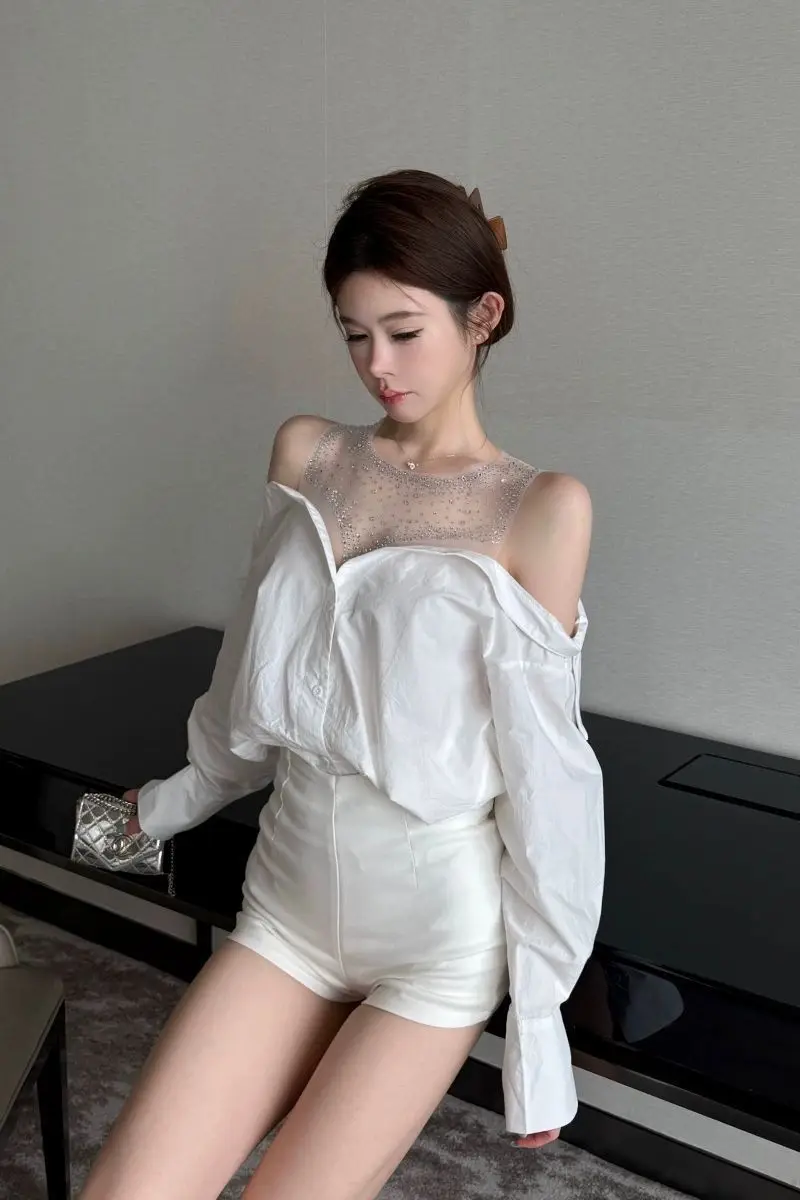 Women's Mesh Sequin Elegant Off Shoulder Shirt Long Sleeve Blouse - White Button-Up Design for Party & Casual Wear Top