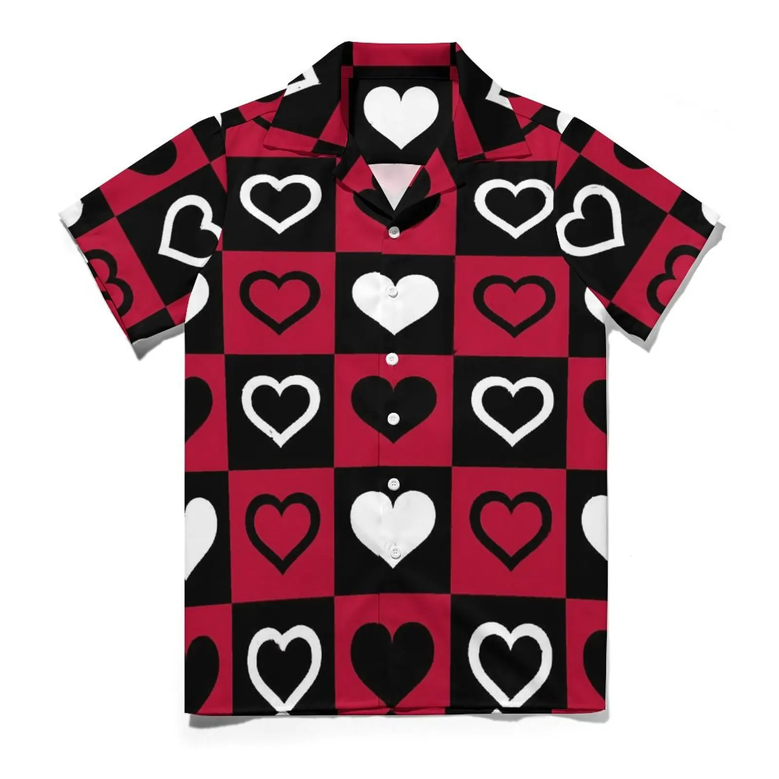 

Red And Black Check Print Casual Shirt Heart Trendy Hawaiian Shirts Men Short-Sleeved Beach Comfortable Custom Oversized Blouses