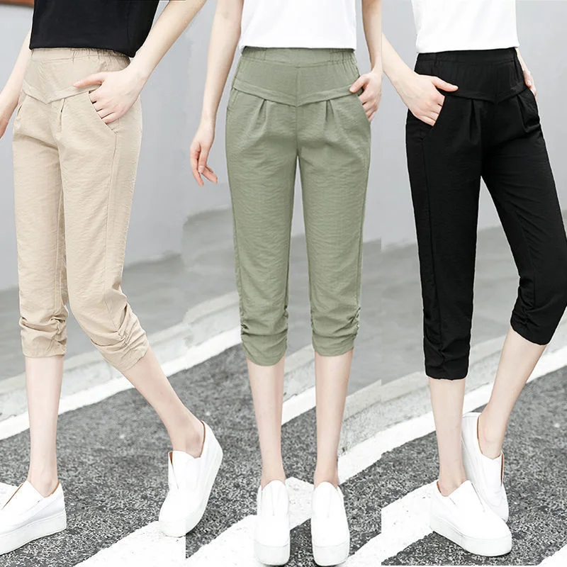 

Ice Silk Capris Pants Women's Summer 2022 Korean Fashion Casual High Waist Casual Pants Thin Loose Harem Pants XXXL