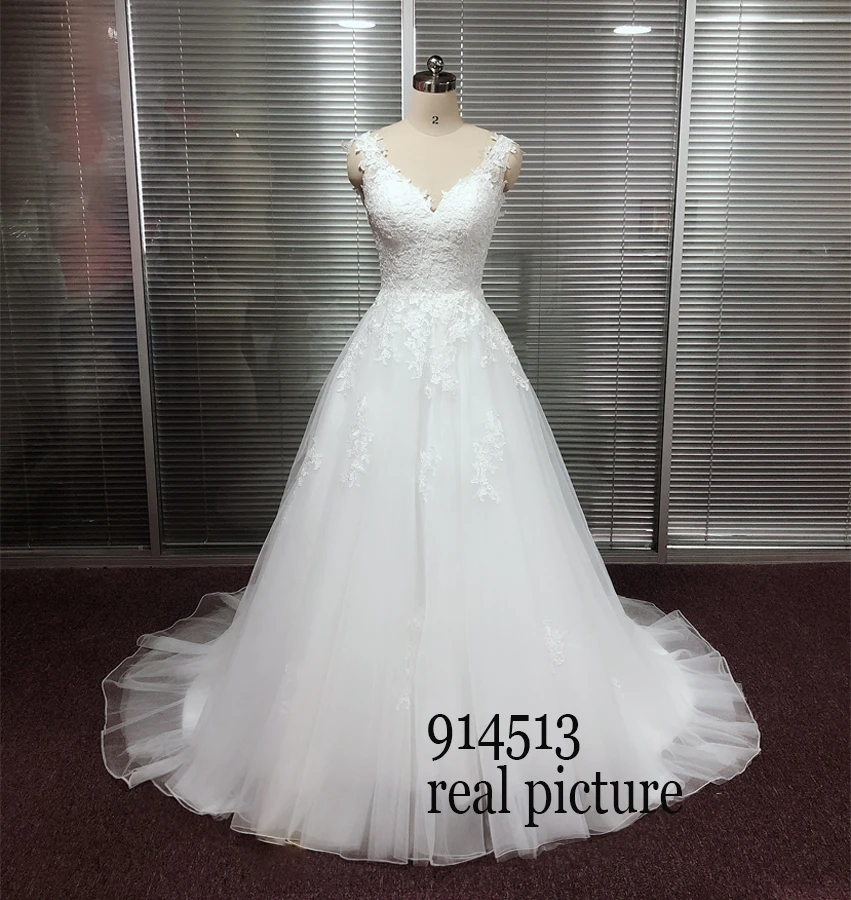 Customized Vestido De Noiva V Neck Tulle Wedding Dress Top Lace Appliques Bridal Dress Made Backless Wedding Gown Sweep Train 6