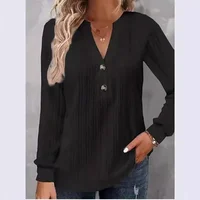 Fashionable Long Sleeve V-Neck Button up Pure Color T-Shirt Early Autumn Women's Wear New Style Cross-Border Online Store