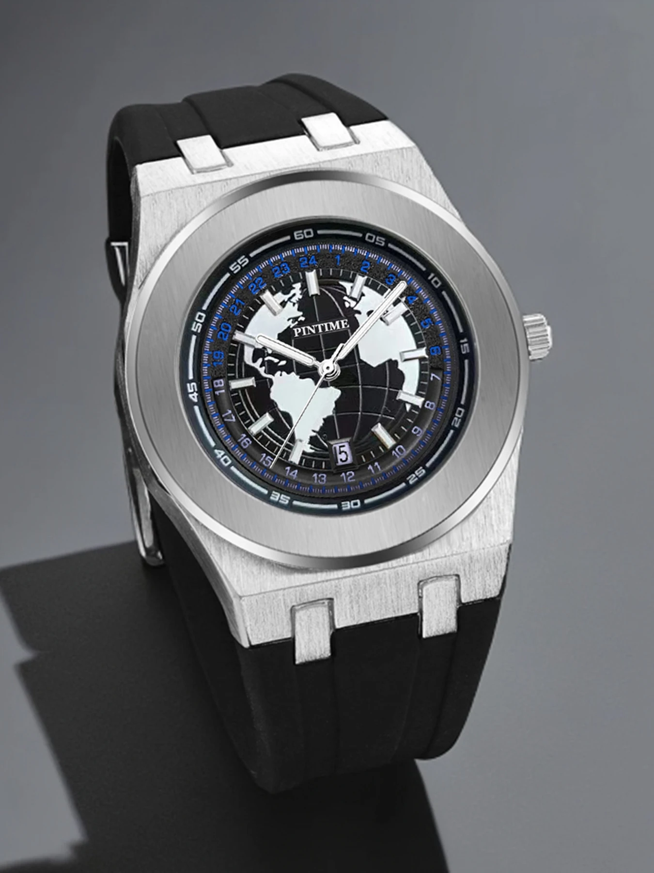 Men's quartz watch, earth-themed large dial, water-resistant and luminous for both day and night use, silicone strap, stylish an