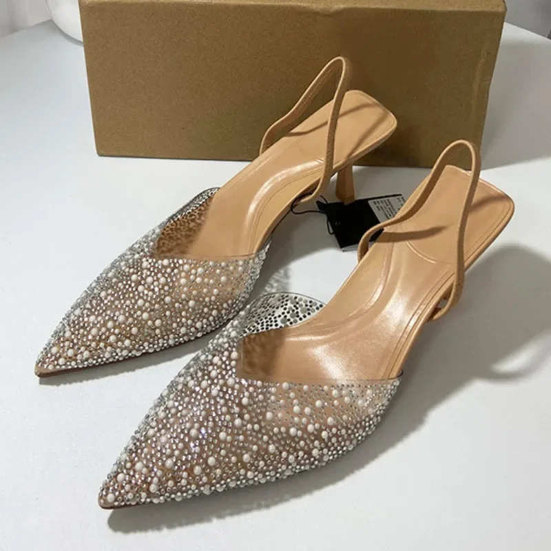 Summer Women's High Heeled Transparent Pointed Toe Pearl Decoration Slingback Sandals