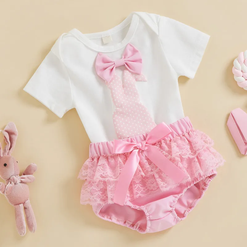 

Newborn Baby Girls Bodysuit Short Sets Summer Clothes 2023 Short Sleeve Round Collar Bow Jumpsuit Tops Ruffle Lace Pants Outfits