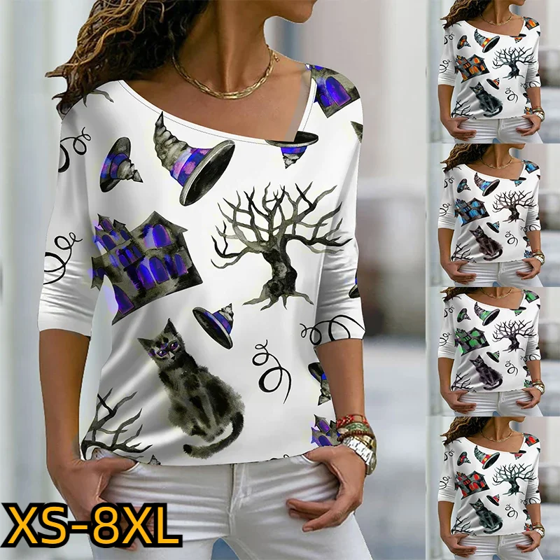 

Sexy Pullover V-neck Tee Shirt Hallowmas Slim Top Autumn New Design Printed T-shirt Women's Fashion Long Sleeve